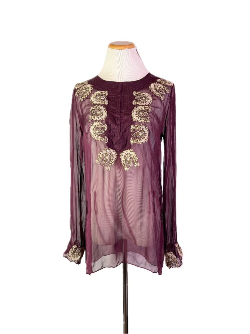 Rangoon Size M Burgundy Silk Tunic Embroidered Sheer *Flaws